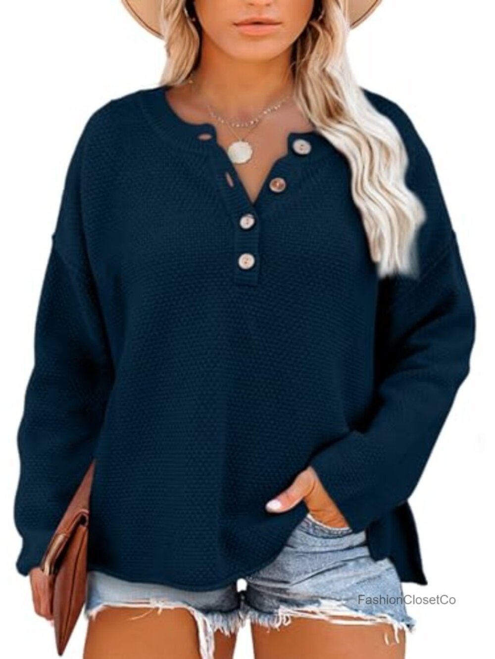 Plus Size Women's Henley Pullover Sweater, Long Sleeve, Loose Fit, Button Down